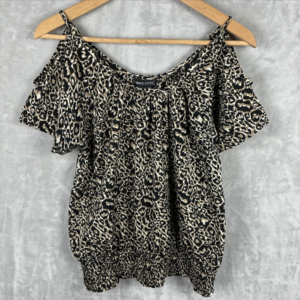 Wet Seal Leopard Print Cold Shoulder Blouse Smocked Hem Medium Brown Black Y2K